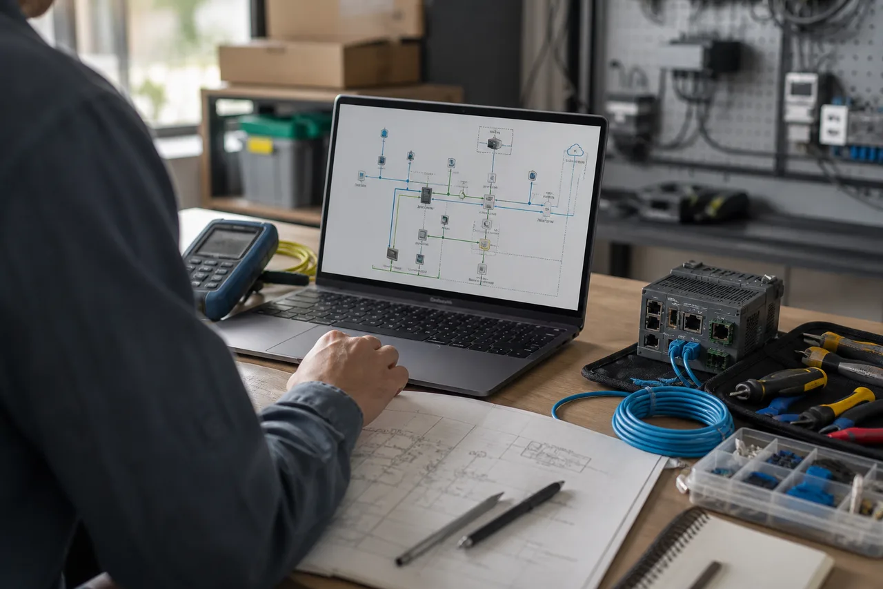 Engineering workspace with technical drawings and field equipment