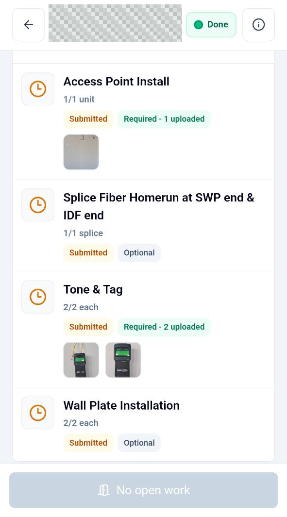 Completed work checklist. Sensitive details concealed with pixel masks.