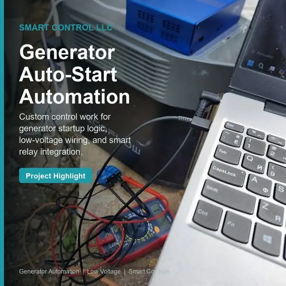 Smart Control generator auto-start project graphic with relay wiring and bench test equipment.