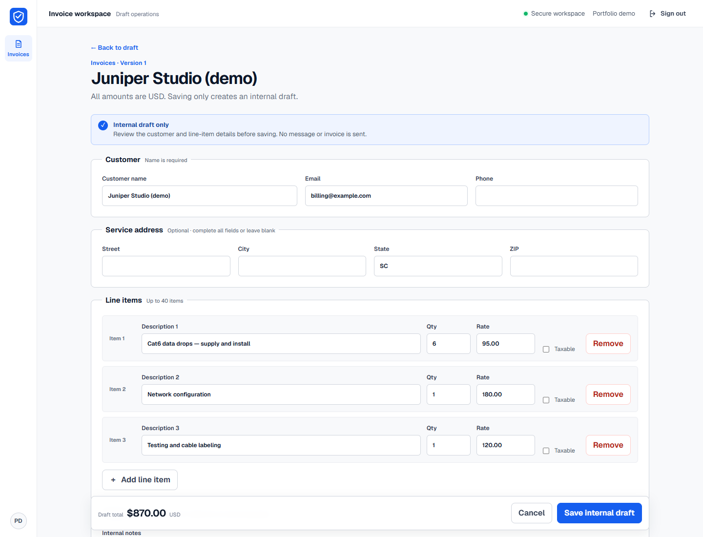 Actual Invoice editor with fictional Juniper Studio details, three service line items and a calculated total.
