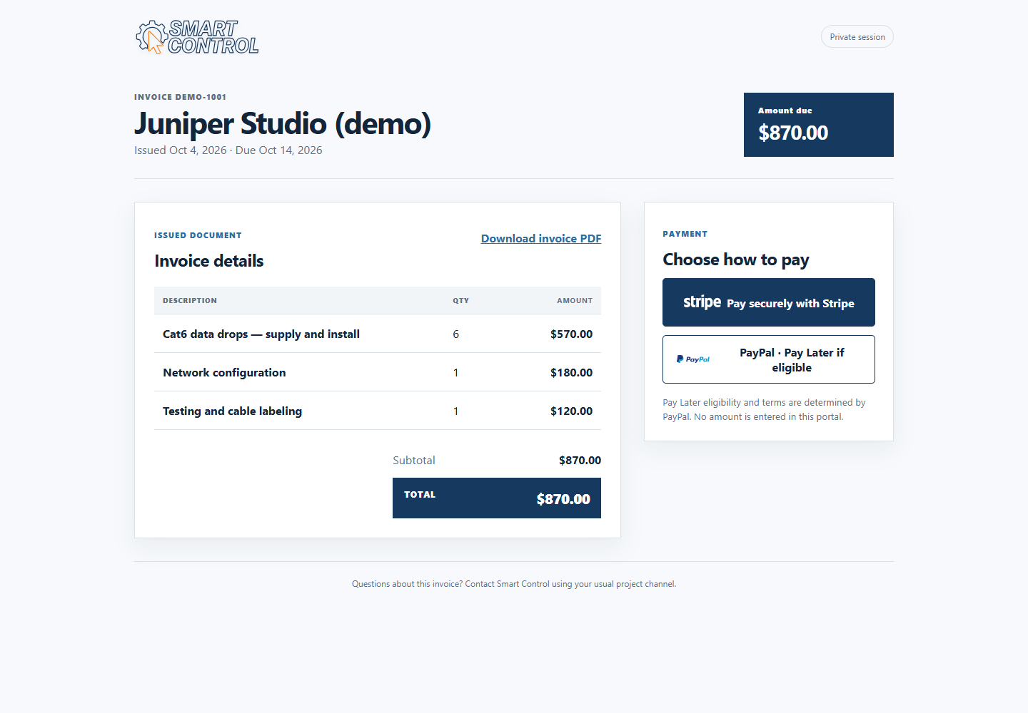 Actual customer invoice portal with a fictional invoice, line items and the Stripe and PayPal payment choices.