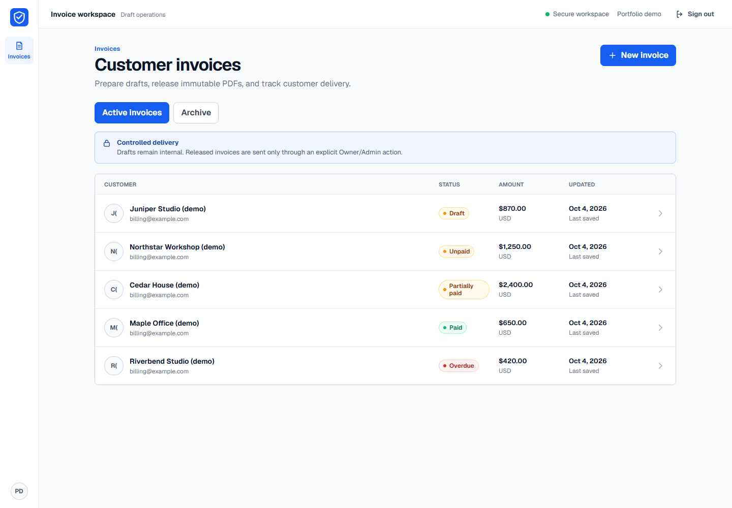 Invoice workspace with fictional customers and balance-based status labels.