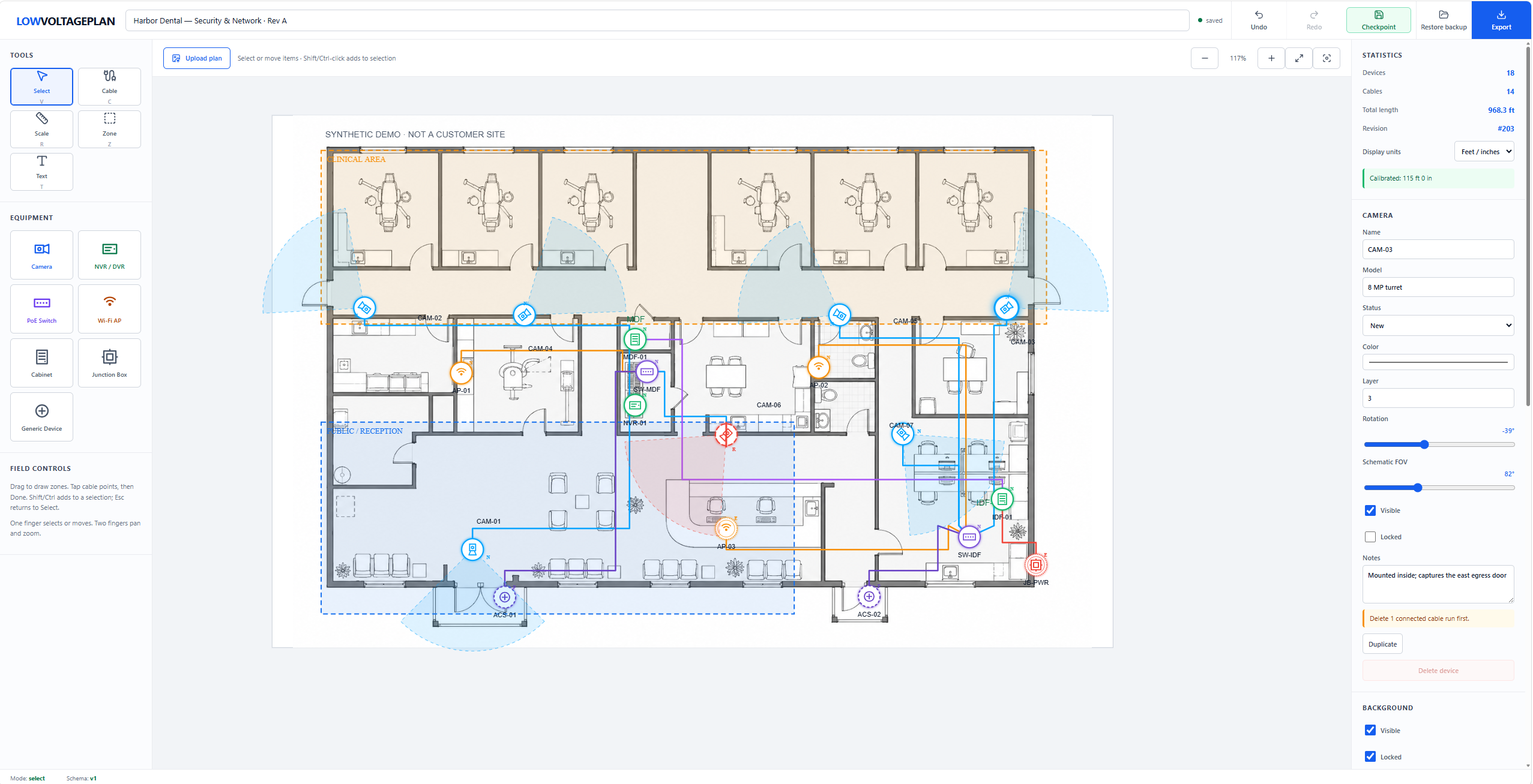 Actual LowVoltagePlan editor with a synthetic dental-office plan.