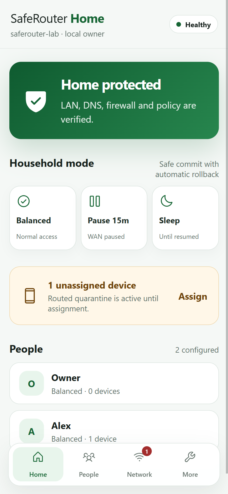 SafeRouter alpha owner interface with household modes and device assignment controls.