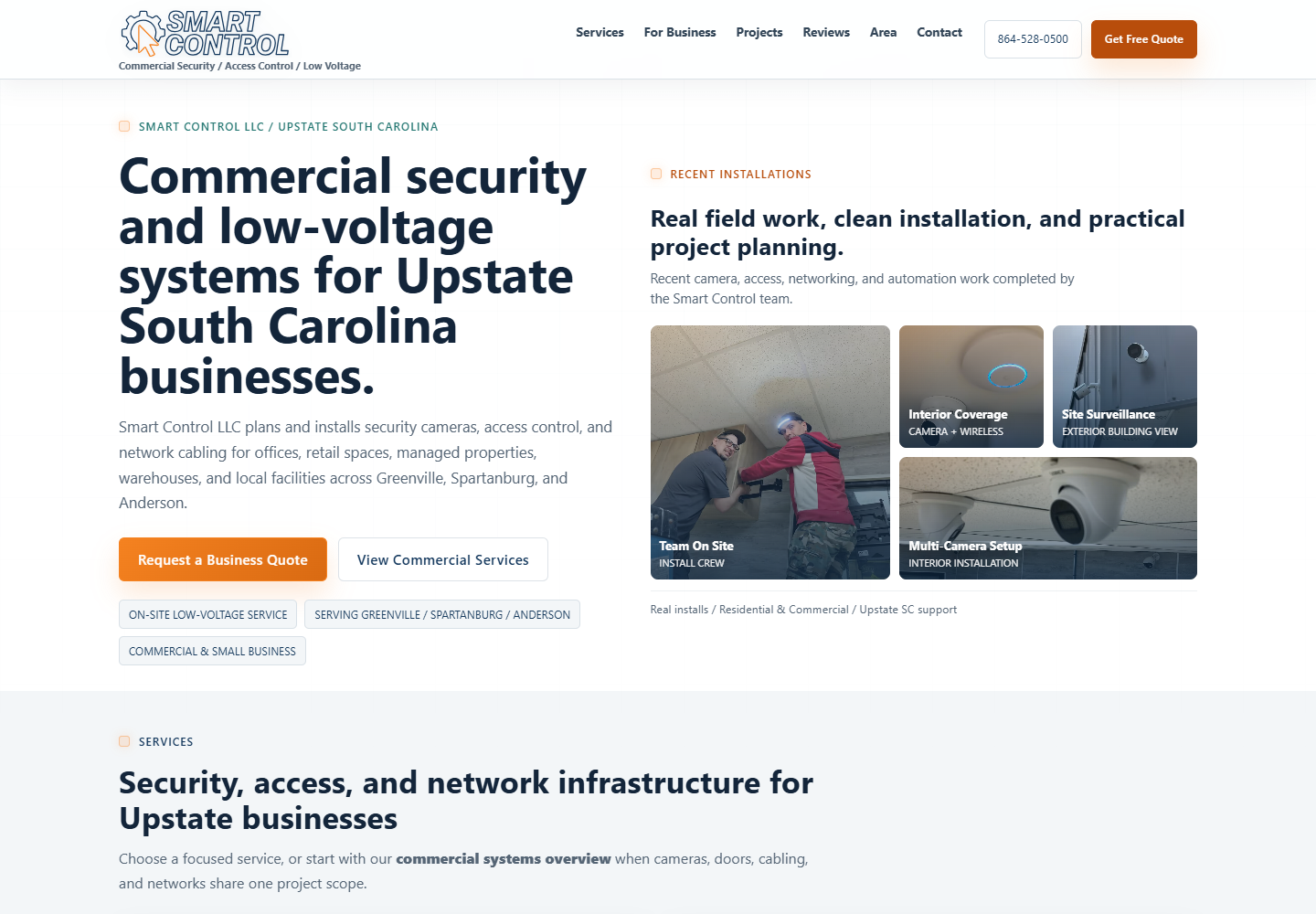 Published Smart Control homepage with service information and installation photographs.