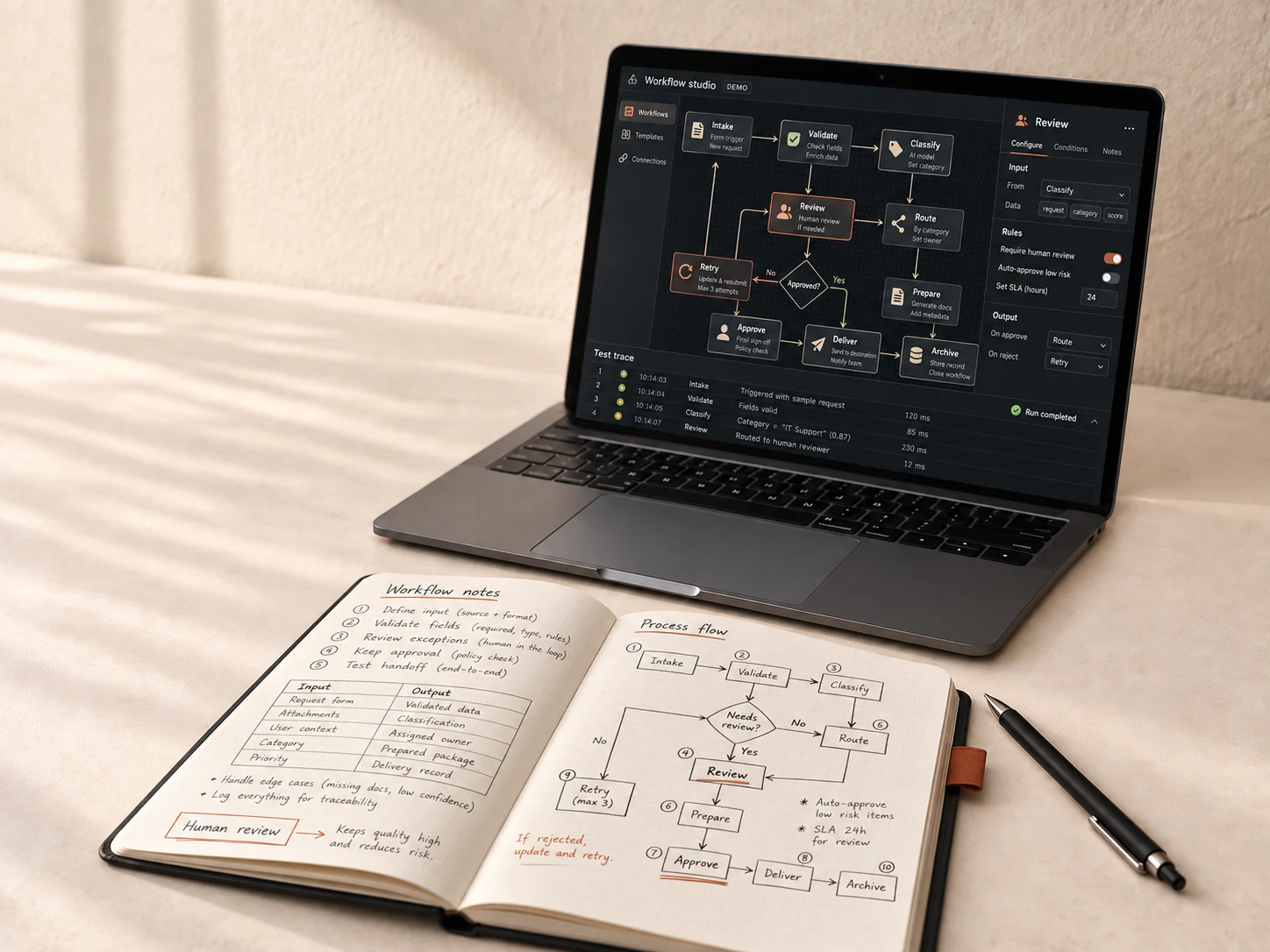Illustrative workspace with a detailed demo automation workflow on a laptop and handwritten process notes in an open notebook.